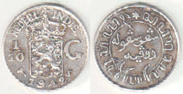 1942 S Netherlands Indies Silver 1/10 Gulden A000009